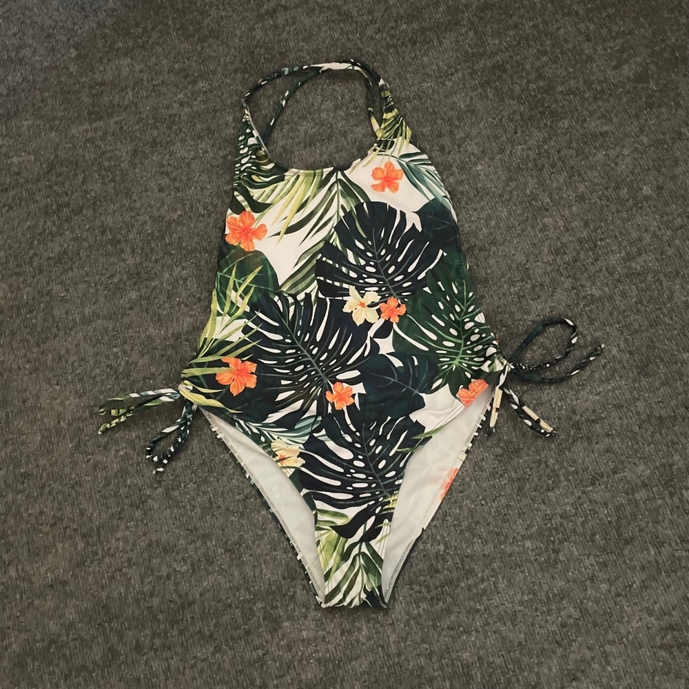 Zaful One Piece Swimsuit Women Medium US 6 White Tropical Floral Side Tie Back